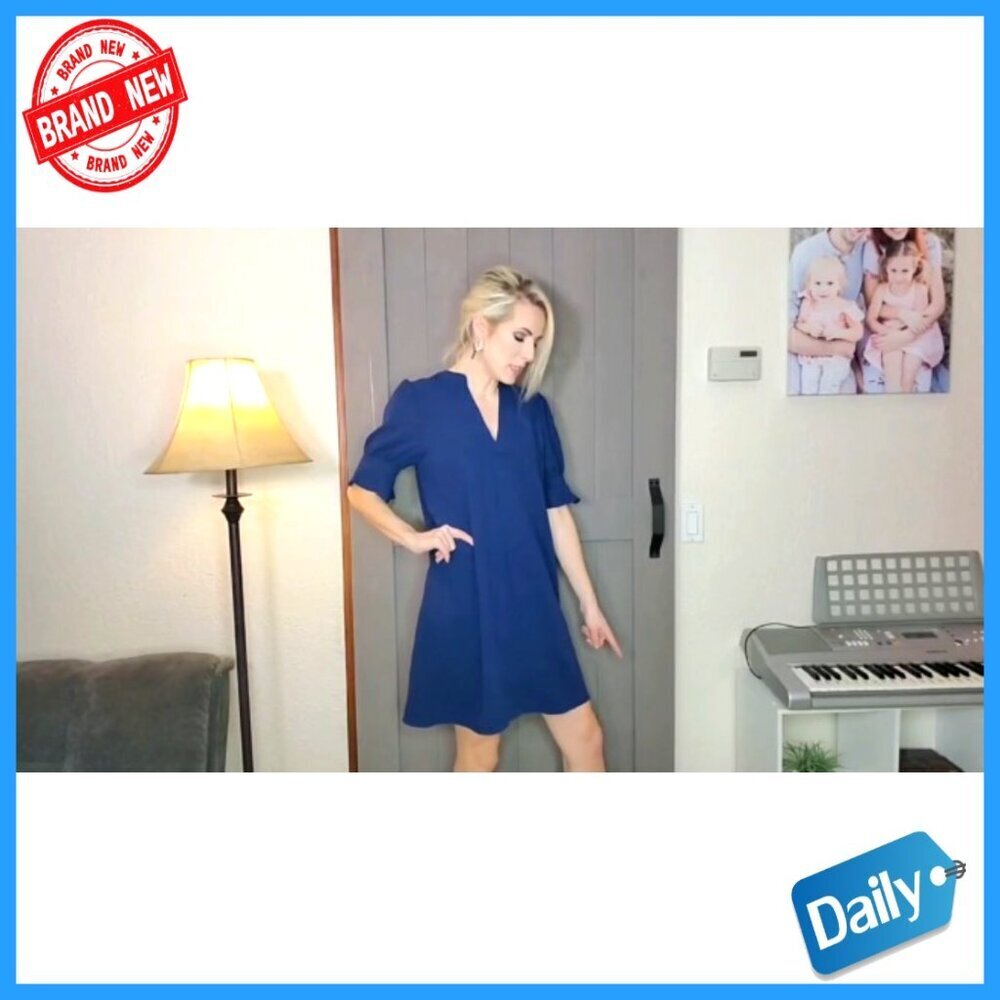 V-Neck Ruffle Short Sleeve Shift Dress, Polyester Casual Summer Wear - Picture 7 of 7